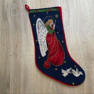 Christmas stocking, embroidered, cross stitch handmade, Gold angel